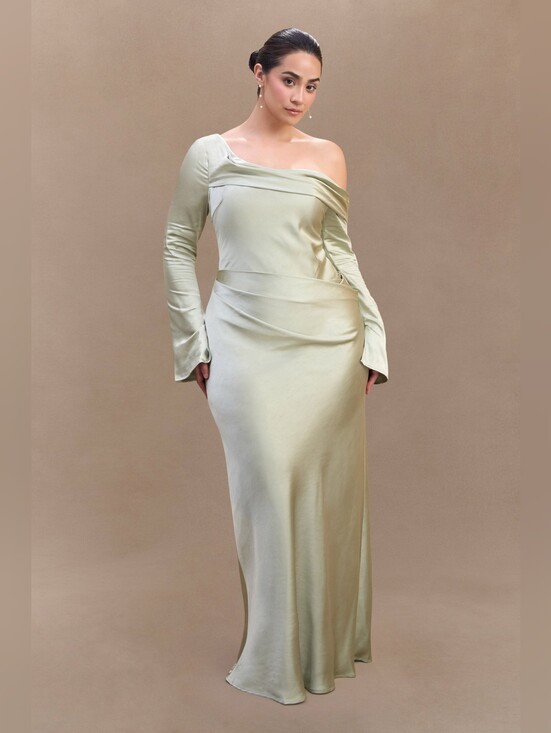 Meshki Dresses & Skirts - Meshki Iris Maxi Dress - Sage Satin One-Shoulder Long Sleeve XL NWT $259